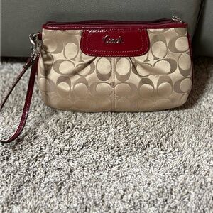 Coach Signature Beige and Burgundy Wristlet